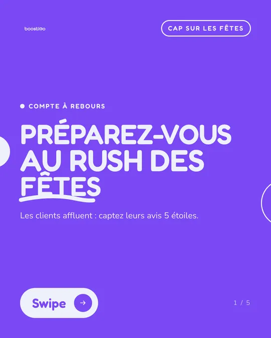 Couverture de carrousel Boostigo sur fond violet : titre en capitales blanches « Préparez-vous au rush des fêtes », sous-titre « Les clients affluent : captez leurs avis 5 étoiles », bouton « Swipe » et compteur 1 / 5 en bas