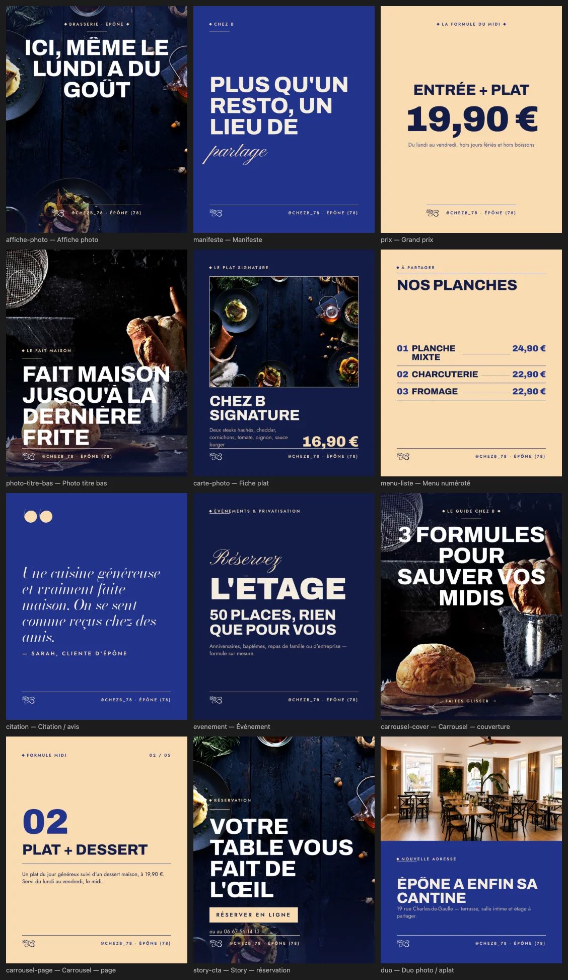 Planche du système graphique « Maison Bleu Nuit » de Chez B : douze mises en page en vignettes (affiche photo, manifeste, grand prix, photo titre bas, fiche plat, menu numéroté, citation, événement, couverture et page de carrousel, story de réservation, duo photo et aplat) en bleu nuit et sable